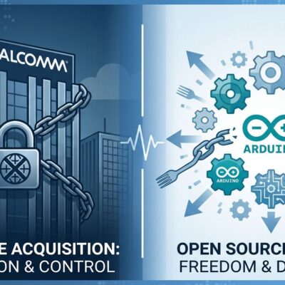 Split-screen illustration showing corporate acquisition vs open-source community, representing Arduino's controversial Terms of Service changes after Qualcomm buyout