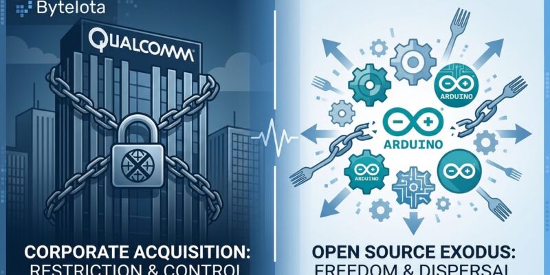 Split-screen illustration showing corporate acquisition vs open-source community, representing Arduino's controversial Terms of Service changes after Qualcomm buyout