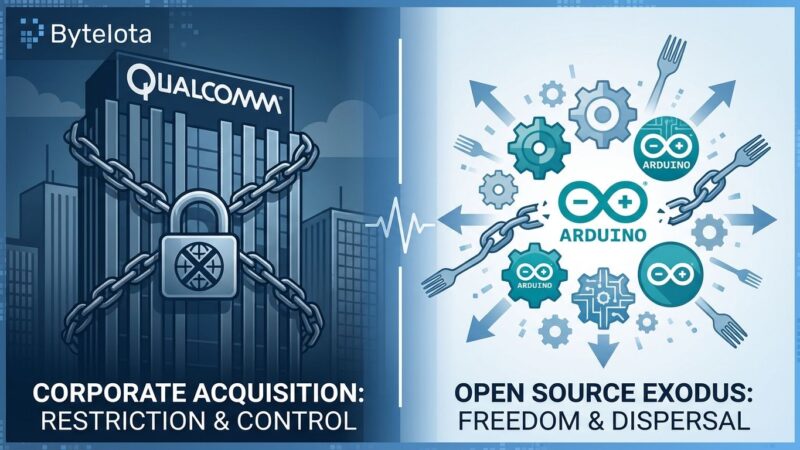 Split-screen illustration showing corporate acquisition vs open-source community, representing Arduino's controversial Terms of Service changes after Qualcomm buyout