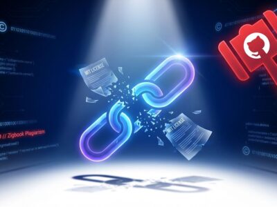 Broken chain representing plagiarism with MIT license violation and GitHub ban symbols