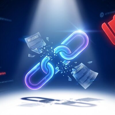 Broken chain representing plagiarism with MIT license violation and GitHub ban symbols