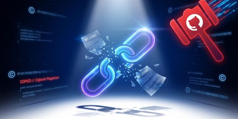 Broken chain representing plagiarism with MIT license violation and GitHub ban symbols