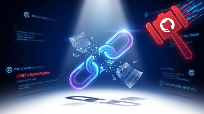 Broken chain representing plagiarism with MIT license violation and GitHub ban symbols