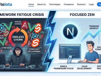 Split-screen illustration showing developer stress from framework churn on left versus calm mastery on right