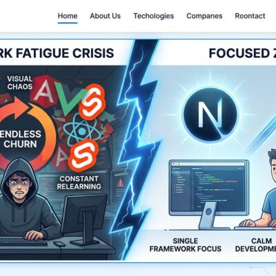 Split-screen illustration showing developer stress from framework churn on left versus calm mastery on right