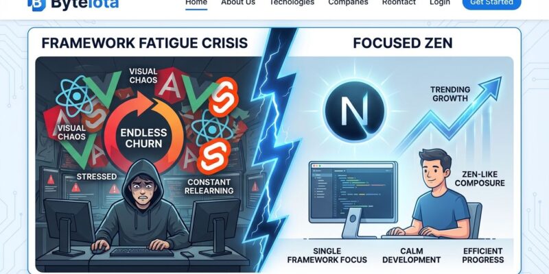 Split-screen illustration showing developer stress from framework churn on left versus calm mastery on right