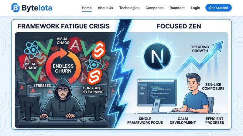 Split-screen illustration showing developer stress from framework churn on left versus calm mastery on right