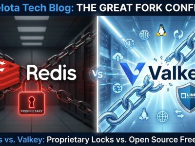 Split-screen comparison showing Redis with SSPL restrictions on left versus Valkey open-source fork with Linux Foundation backing on right