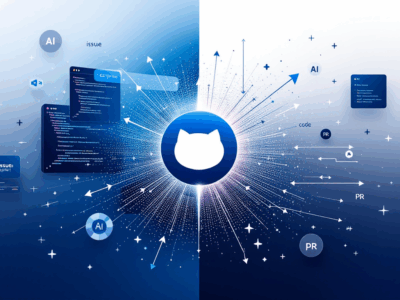 Conceptual visualization of GitHub Copilot Workspace showing traditional code editor versus AI-powered automated development workflow