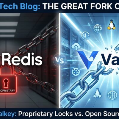Split-screen comparison showing Redis with SSPL restrictions on left versus Valkey open-source fork with Linux Foundation backing on right