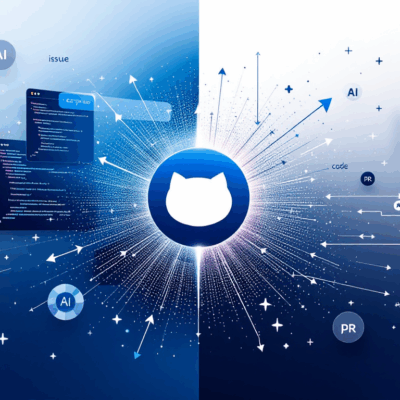 Conceptual visualization of GitHub Copilot Workspace showing traditional code editor versus AI-powered automated development workflow