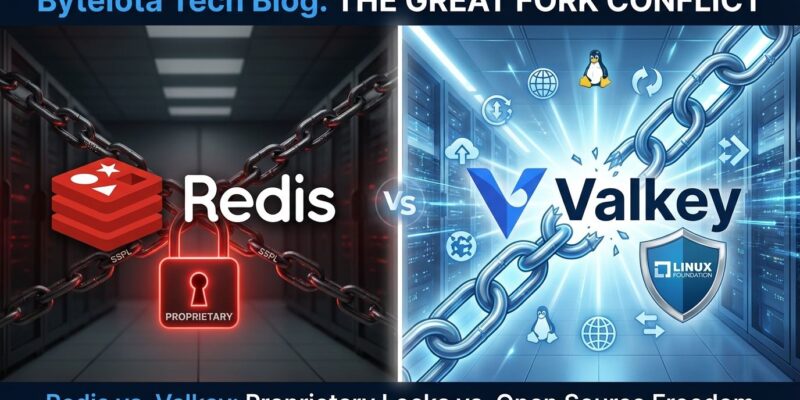 Split-screen comparison showing Redis with SSPL restrictions on left versus Valkey open-source fork with Linux Foundation backing on right