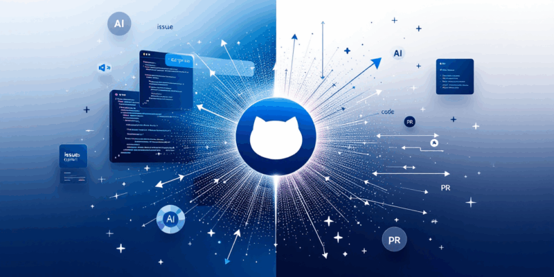 Conceptual visualization of GitHub Copilot Workspace showing traditional code editor versus AI-powered automated development workflow