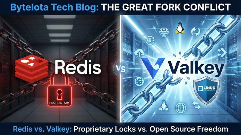 Split-screen comparison showing Redis with SSPL restrictions on left versus Valkey open-source fork with Linux Foundation backing on right