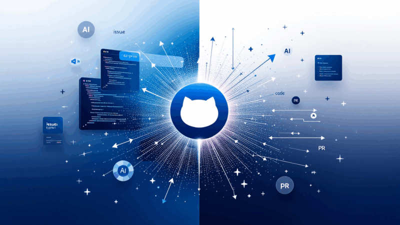 Conceptual visualization of GitHub Copilot Workspace showing traditional code editor versus AI-powered automated development workflow