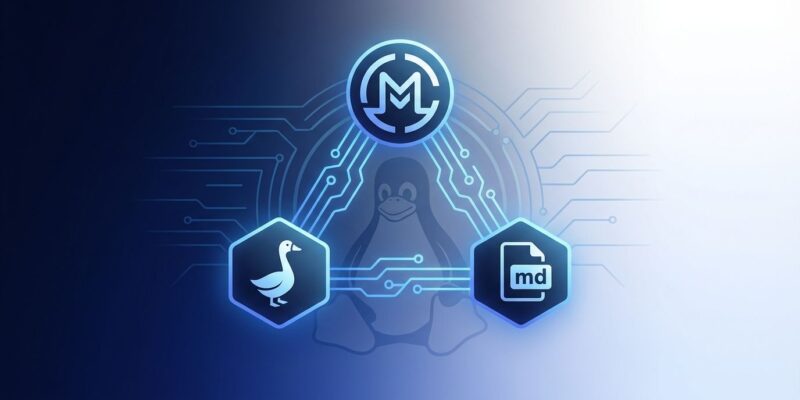 Agentic AI Foundation represented by three interconnected nodes for MCP, goose, and AGENTS.md with Linux Foundation branding in blue and white