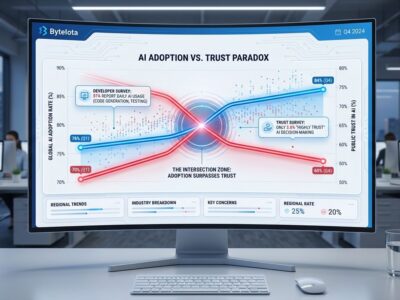 Data visualization showing AI developer adoption rising to 84% while trust falls to 60%, illustrating the unprecedented technology adoption paradox