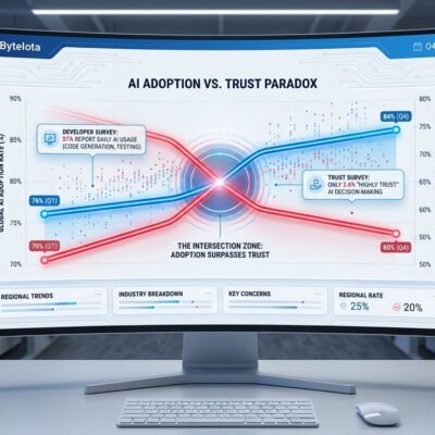 Data visualization showing AI developer adoption rising to 84% while trust falls to 60%, illustrating the unprecedented technology adoption paradox