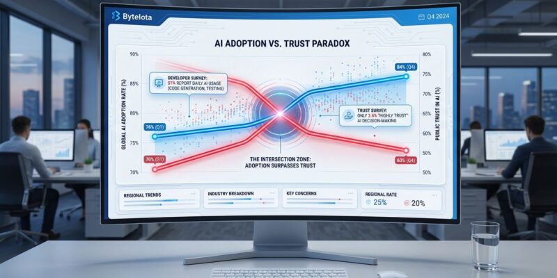 Data visualization showing AI developer adoption rising to 84% while trust falls to 60%, illustrating the unprecedented technology adoption paradox
