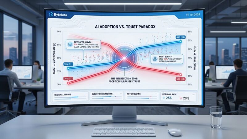 Data visualization showing AI developer adoption rising to 84% while trust falls to 60%, illustrating the unprecedented technology adoption paradox