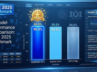 Bar chart comparing AI model performance on AIME 2025: DeepSeek V3.2 at 96.0%, Gemini 3 Pro at 95.0%, and GPT-5 High at 94.6% with gold medal icon