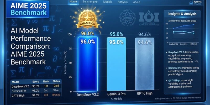 Bar chart comparing AI model performance on AIME 2025: DeepSeek V3.2 at 96.0%, Gemini 3 Pro at 95.0%, and GPT-5 High at 94.6% with gold medal icon