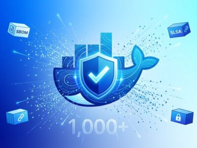 Docker whale logo with security shield showing hardened container images now free under Apache 2.0