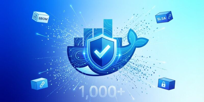 Docker whale logo with security shield showing hardened container images now free under Apache 2.0