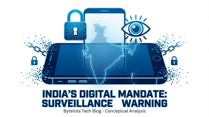 India smartphone mandate - surveillance concept with phone, India map, and privacy symbols