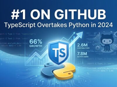 TypeScript logo elevated above Python logo with GitHub statistics