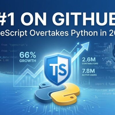 TypeScript logo elevated above Python logo with GitHub statistics