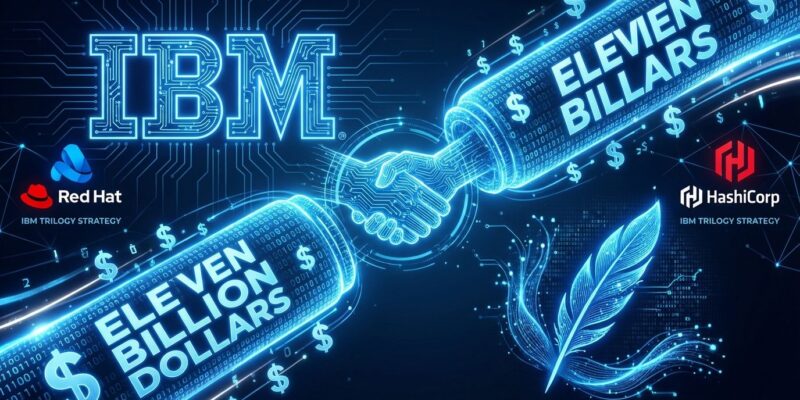 IBM and Confluent logos connected by data pipeline representing billion acquisition for enterprise AI infrastructure
