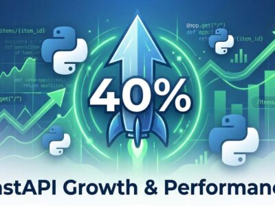 Visualization showing FastAPI's 40% adoption growth with upward performance trends, Python logos, and API data graphs in blue and white