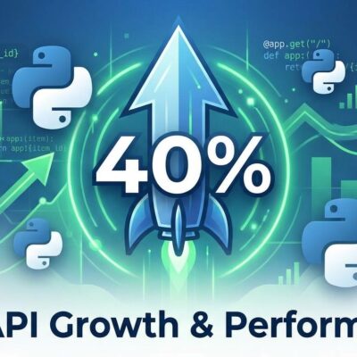 Visualization showing FastAPI's 40% adoption growth with upward performance trends, Python logos, and API data graphs in blue and white