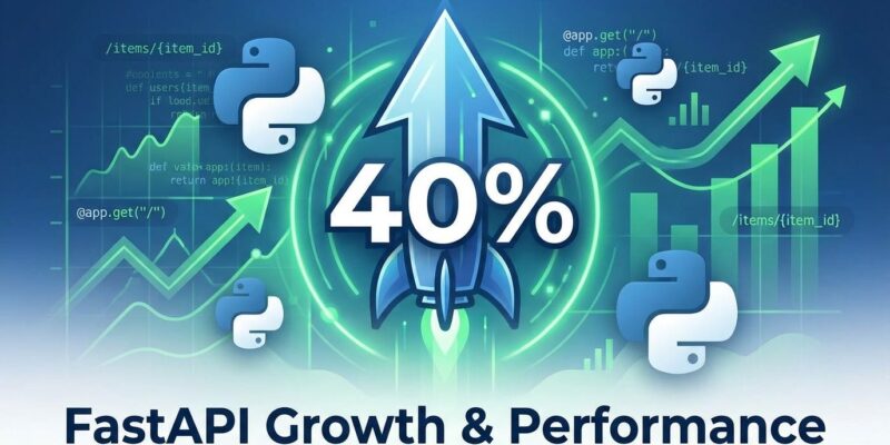 Visualization showing FastAPI's 40% adoption growth with upward performance trends, Python logos, and API data graphs in blue and white