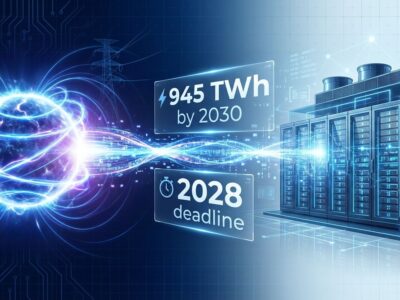 Nuclear fusion reactor with glowing plasma connected to modern data center building showing energy crisis solution