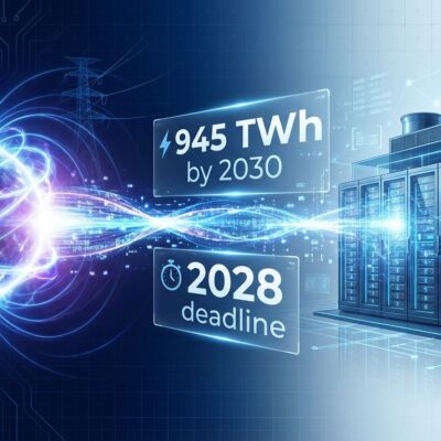 Nuclear fusion reactor with glowing plasma connected to modern data center building showing energy crisis solution