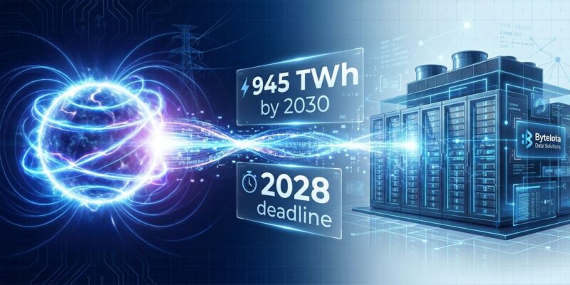 Nuclear fusion reactor with glowing plasma connected to modern data center building showing energy crisis solution