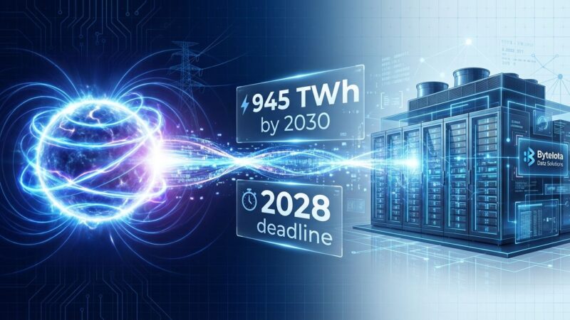 Nuclear fusion reactor with glowing plasma connected to modern data center building showing energy crisis solution