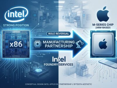 Split-screen illustration showing Intel and Apple logos with role reversal arrow, depicting Intel manufacturing Apple M-series chips