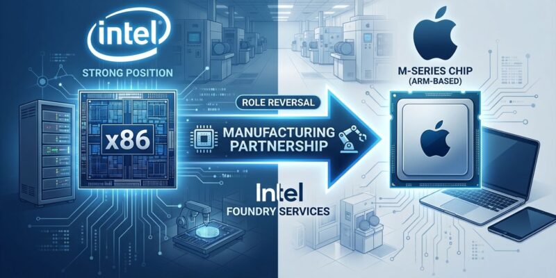 Split-screen illustration showing Intel and Apple logos with role reversal arrow, depicting Intel manufacturing Apple M-series chips