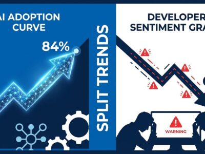 Split-screen data visualization showing AI tool adoption rising to 84% on left and developer sentiment falling to 60% on right