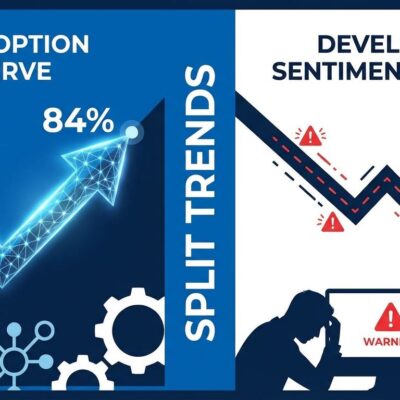 Split-screen data visualization showing AI tool adoption rising to 84% on left and developer sentiment falling to 60% on right