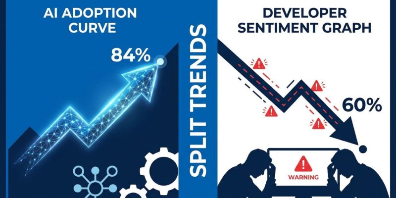 Split-screen data visualization showing AI tool adoption rising to 84% on left and developer sentiment falling to 60% on right