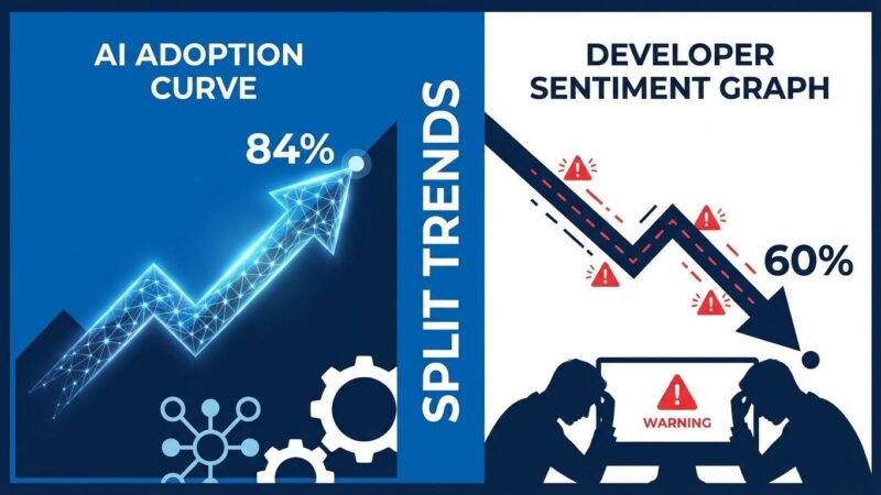 Split-screen data visualization showing AI tool adoption rising to 84% on left and developer sentiment falling to 60% on right