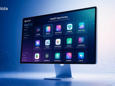 ChatGPT app store interface showing app directory with colorful app icons on blue and white gradient background