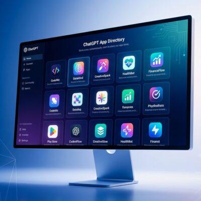 ChatGPT app store interface showing app directory with colorful app icons on blue and white gradient background