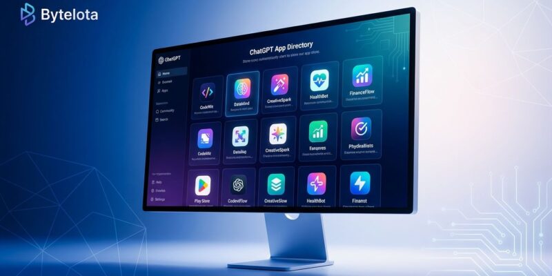 ChatGPT app store interface showing app directory with colorful app icons on blue and white gradient background