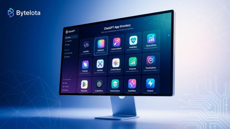 ChatGPT app store interface showing app directory with colorful app icons on blue and white gradient background