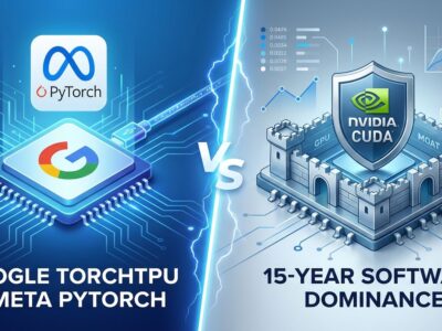 Split-screen visualization showing Google TPU and Meta PyTorch partnership on left challenging Nvidia CUDA software moat on right